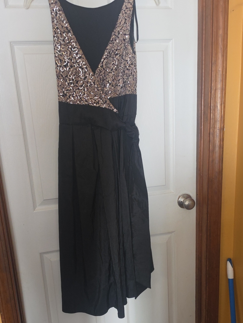 S.L. Fashions Black Dress with Gold Sequin Bodice and V-Neck